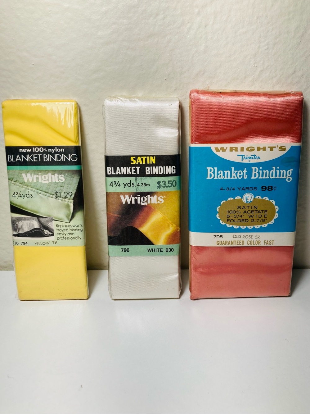 3 Vintage Sealed Blanket Binding by Wrights, Satin Blanket Binding Trio